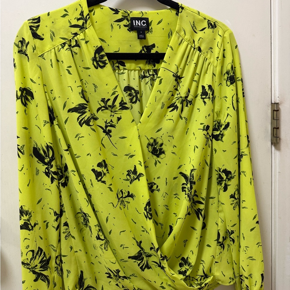 INC International Concepts Women's Floral Wrap Blouse - Lime and Black